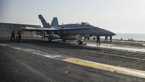 An F/A-18C Hornet assigned to the Wildcats of Strike Fighter Squadron 131 prepares to launch from the flight deck of the aircraft carrier USS Dwight D. Eisenhower in support of Operation Inherent Resolve,  Arabian Gulf, 21 August 2016.