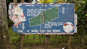 International Date Line sign splitting the island of Taveuni in two, Fiji.