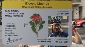 A cyclist protests against the NSW bike laws.