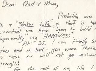 A supplied image obtained Thursday, Sept. 1, 2016 of a touching letter from a 32-year-old Steve Irwin to his parents, which his father, Bob, only found in 2016. The letter fell from a book during Bob's research for his memoir. Bob Irwin charts his remarkable journey from Melbourne plumber to national icon in his memoir, The Last Crocodile Hunter: A Father and Son Legacy. (AAP Image/Allen & Unwin Book Publishers) NO ARCHIVING, EDITORIAL USE ONLY