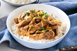 Classic beef stroganoff with rice