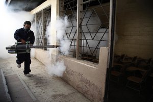 In this Tuesday, Feb. 2, 2016 photo, a city worker fumigates a public school to combat the Aedes aegypti mosquito, known to transmit dengue, Chikungunya and Zika, in Tegucigalpa, Honduras.