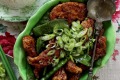 Crispy chicken and snowpea stir-fry.