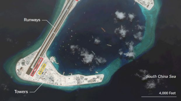 Runways and a control tower on one of the islands in the South China Sea.