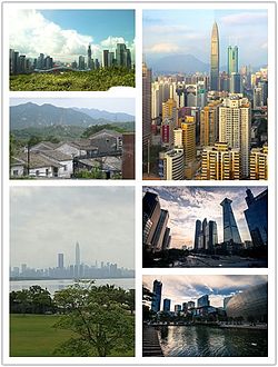 Clockwise from top: Luohu District skyline with KK100 and Shun Hing Square in the center, Skyscrapers along Shennan Road including the China Merchants Bank Tower and East Pacific Center, Central Nanshan District, Skyline of Futian as viewed from Shenzhen Bay Park, a view from Dapeng Fortress and Central Futian as viewed from Lianhuashan Park