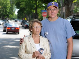 Patty and Jerry Wetterling show a photo of their son Jacob Wetterling, who was abducted in October of 1989 in St. Joseph, Minn and is still missing, in Minneapolis, MN