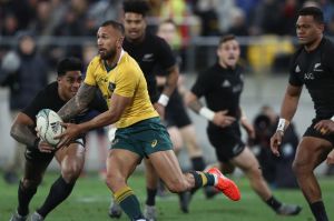 On the loose: Quade Cooper runs the ball against New Zealand in Wellington.
