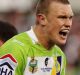 Jack Wighton of the Raiders reacts after the Sharks score at Canberra Stadium.