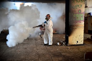 File - A municipal worker sprays insectiside in Brasilia, Brazil, to eradicate the Aedes aegypti mosquito, which can transmit the Zika Virus, Dengue Fever and Chikungunya.