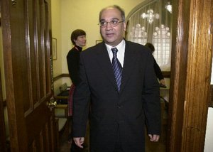  Former Foreign Office Minister Keith Vaz leaves a journalists&acute; briefing at the House of Commons in London Friday, Feb. 8, 2002. Vaz should be suspended from the House of Commons for one month, the Committee on Standards and Privileges ruled Friday,