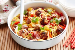 Sweet and sour pork meatballs with noodles