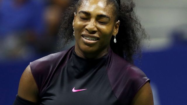 NEW YORK, NY - SEPTEMBER 08: Serena Williams of the United States reacts against Karolina Pliskova of the Czech Republic ...