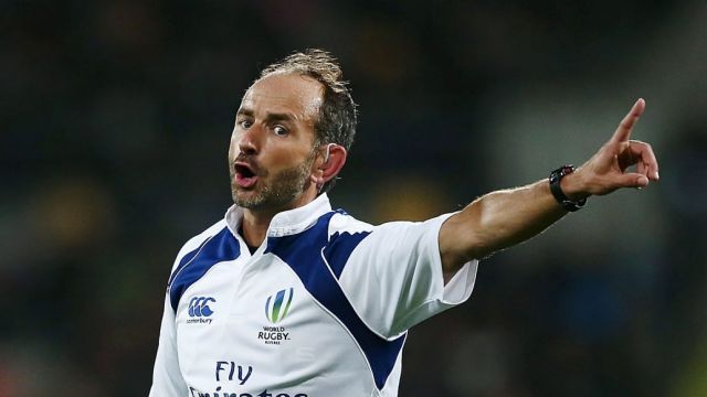 WELLINGTON, NEW ZEALAND - AUGUST 27: Referee Romain Poite makes a call during the Bledisloe Cup Rugby Championship match ...