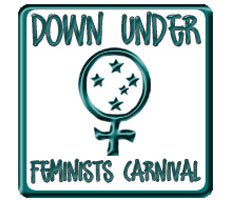 In blue on a white background, the DUFC logo: in a square with rounded corners, there is the female/feminine symbol; with the Southern Cross inside, above which it says 'Down Under' and below 'Feminists Carnival'.