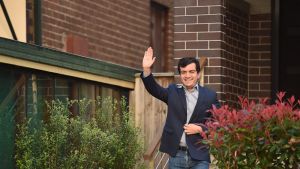 Senator Sam Dastyari leaves his home in Russell Lea, Sydney on Wednesday morning.