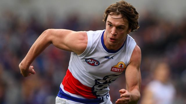 Focused: Liam Picken commits to chasing the ball for the Dogs.