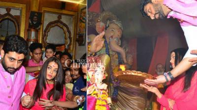 Abhishek Bachchan and wife Aishwarya Rai Bachchan prayed to Lord Ganesh at a mandal in Byculla, Mumbai. (Photo: Viral Bhayani)