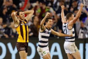 Isaac Smith of the Hawks reacts after missing a shot on goal after the siren to win the match during the 2016 AFL Second ...