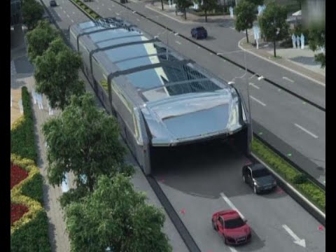 Futuristic straddling bus allows cars running underneath