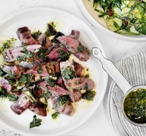 Lamb tenderloins,
charred eschallot and salsa verde.