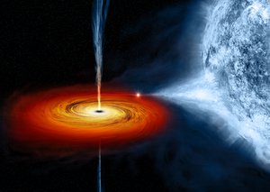 File - An artist's drawing a black hole named Cygnus X-1. It formed when a large star caved in. This black hole pulls matter from blue star beside it.