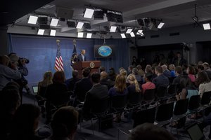 File - President Barack Obama hosts a news conference to discuss the campaign against the Islamic State of Iraq and the Levant at the Pentagon, Aug. 4, 2016.