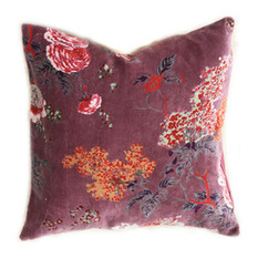 PURPLE FLORAL VELVET ACCENT THROW PILLOW FEATURING BIRDS CUSHION - Decorative Cushions