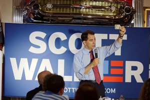 File - Governor of Wisconsin Scott Walker at Joey's Diner in Amherst New Hampshire on July 16th 2015.