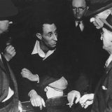 Harry Bridges at a negotiating session during the 1934 waterfront strike. Bancroft Library