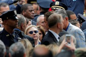 U.S. Democratic presidential candidate Hillary Clinton attends ceremonies to mark the 15th anniversary of the September 11 attacks at the National 9/11 Memorial in New York