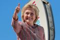 Hillary Clinton boards her campaign plane on Thursday after having rested at home to recover form pneumonia. 