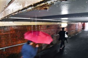 Oakleigh station underpass on Tuesday - a year after drainage issues were noted by Metro. 