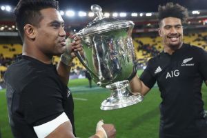 Julian Savea (L) and Ardie Savea (R) following the Bledisloe Cup win in Wellington last month.