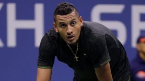 Nick Kyrgios, of Australia, pauses between points against Illya Marchenko, of Ukraine, during the U.S. Open tennis ...