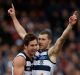 Daniel Menzel (left) and Sam Menegola celebrate a goal last week.