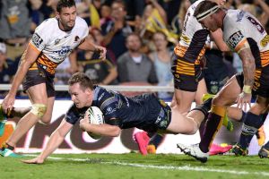 Breakthrough: Michael Morgan scores for the Cowboys in Townsville. 