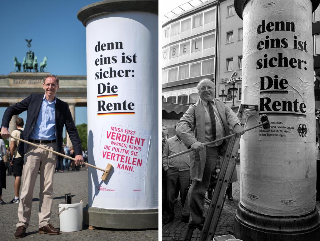 Hubertus Pellengahr (l.), Geschäftsführer der Initiative Neue Soziale Marktwirtschaft (INSM), heute und der damalige Bundesarbeitsminister Norbert Blüm (r.) im Jahr 1986: Die Wahrnehmung der gesetzlichen Rente hat sich seitdem stark verändert