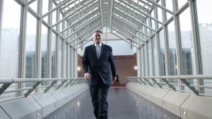 Man who can: Finance Minister Mathias Cormann in between interviews on Budget eve, 2015