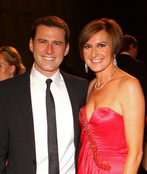 MELBOURNE, AUSTRALIA - MAY 01: TV personality Karl Stefanovic and his wife Cassandra Thorburn arrive on the red carpet ...