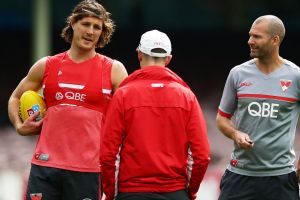 SYDNEY, AUSTRALIA - SEPTEMBER 13: Kurt Tippett of the Swans speaks to coaching staff during a Sydney Swans AFL training ...