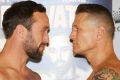 Kane Watts and Danny Green face off during the official weigh-in on Tuesday.