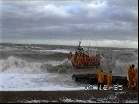 RNLI  lifeboat launch in rough sea