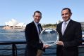 Jockey Hugh Bowman (left) and trainer Chris Waller admire the Cox Plate at Quay restaurant overlooking Sydney Harbour, ...