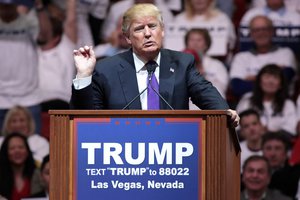 Donald Trump speaking with supporters at a campaign rally at the South Point Arena in Las Vegas, Nevada, 22 February 2016.