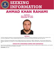 This poster provided by the FBI shows Ahmad Khan Rahami, wanted for questioning Monday, Sept. 19, 2016, in bombings that rocked a Manhattan neighborhood and a New Jersey shore town.