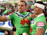 NRL Finals Week 1 - Canberra Raiders vs Cronulla Sutherland Sharks at Canberra Stadium . Blake Ferguson scores the match winning try and celebrates with Sandor Earl .Pic Gregg Porteous Picture: Gregg Porteous