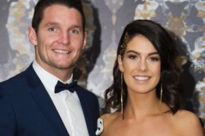 Jarrod Croker and Brittney Wicks arrive at the Meninga Medal Gala. Photo Jay Cronan