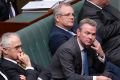 Prime Minister Malcolm Turnbull, Treasurer Scott Morrison and Leader of the House Christopher Pyne after the opposition ...