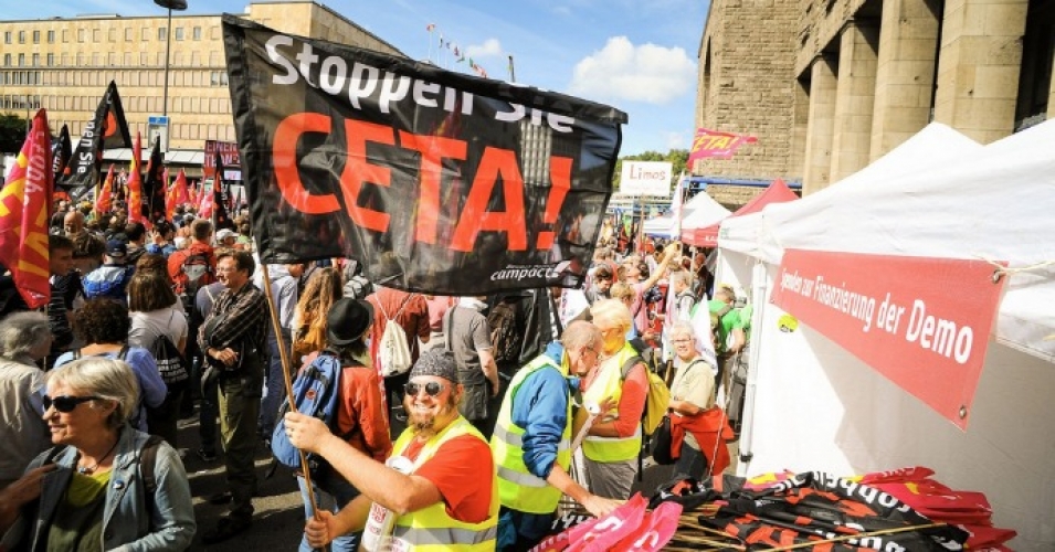 An estimated 300,000 people marched in cities across Germany on Saturday to voice opposition to the pending CETA and TTIP trade agreements. (Photo via  Campact/Twitter)