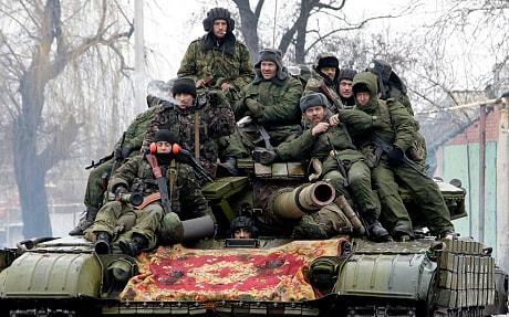 Members of the armed forces of the Donetsk People's Republic in the outskirts of Donetsk